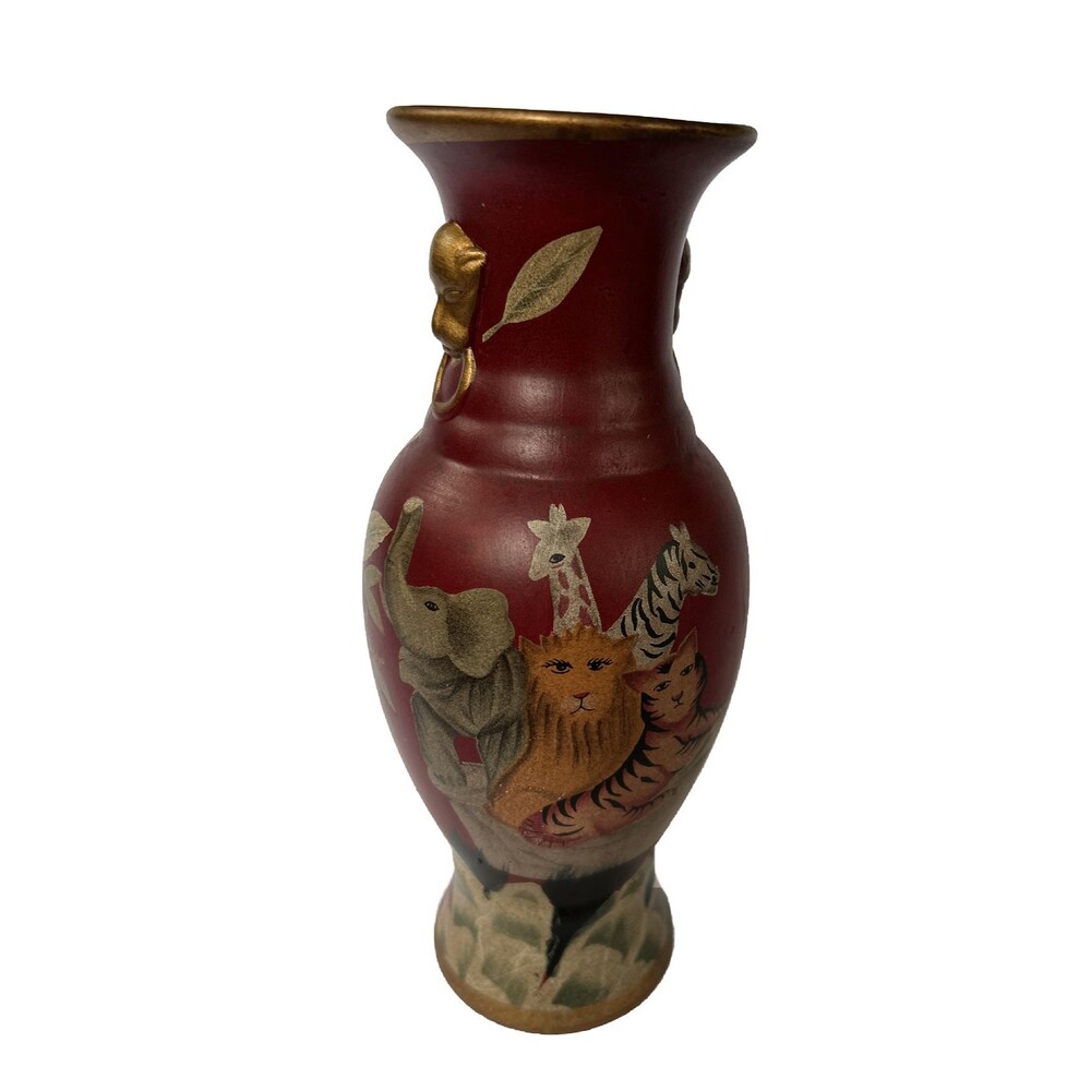 Vintage Art Glass Hand painted Tiger Lion Elephant Giraffe Red Painted Vase